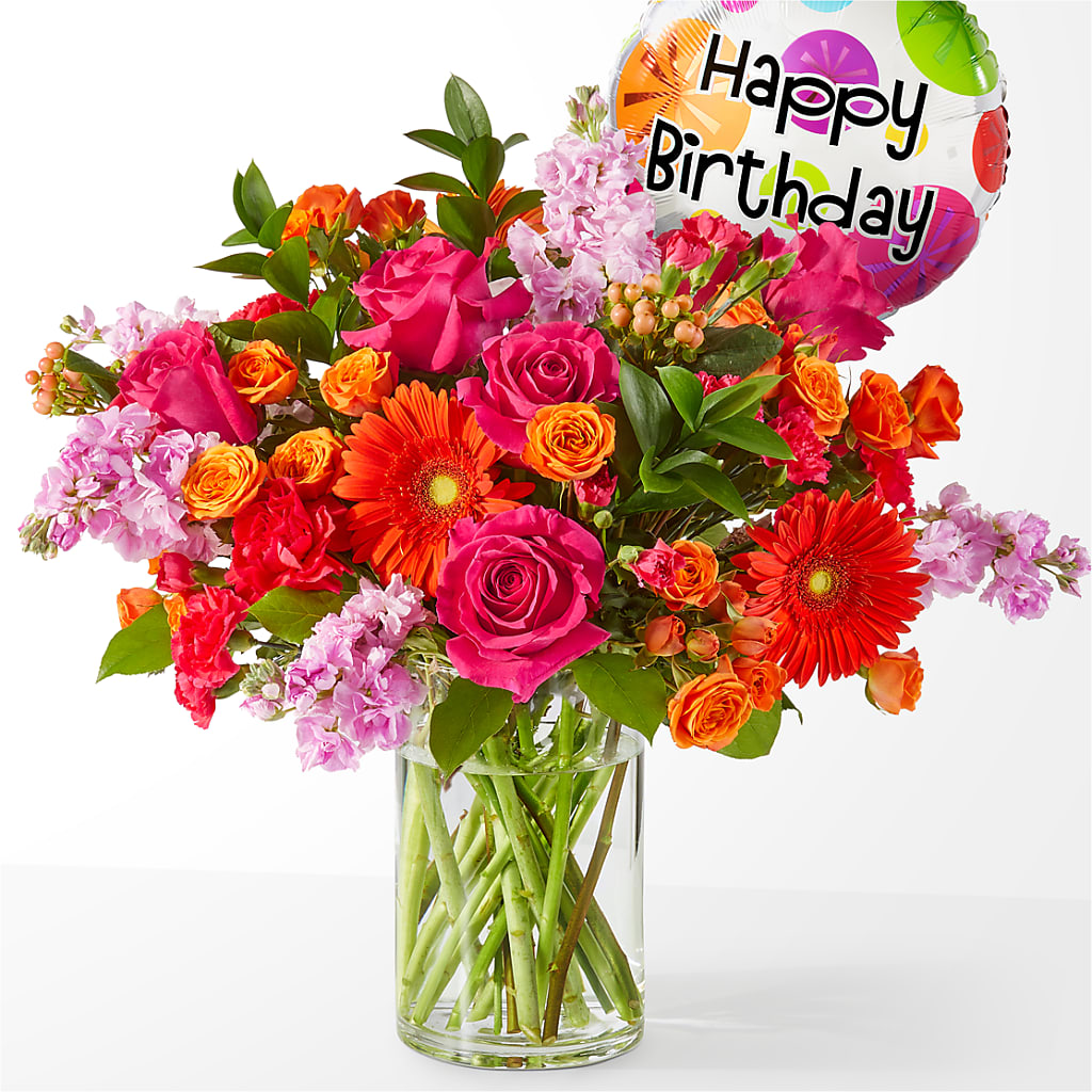 Fiesta Bouquet with Birthday Balloon – Deeshay Custom Design, Goldsboro NC