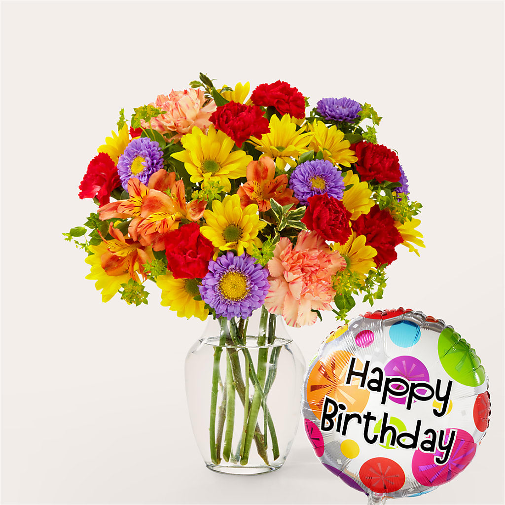 Kaleidoscope Bouquet with Birthday Balloon – Deeshay Custom Design, Goldsboro NC