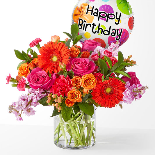 Fiesta Bouquet with Birthday Balloon – DEESHAY CUSTOM DESIGN, Goldsboro NC