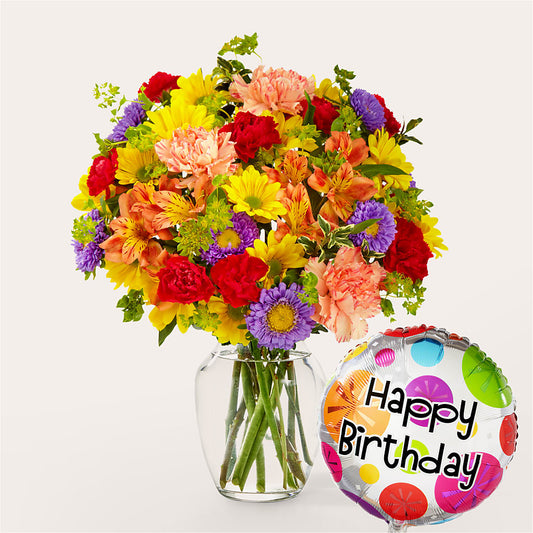 Kaleidoscope Bouquet with Birthday Balloon –  Deeshay Custom Design, Goldsboro NC