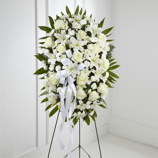 Exquisite Tribute Standing Spray-White Ribbon –  Deeshay Custom Design, Goldsboro NC