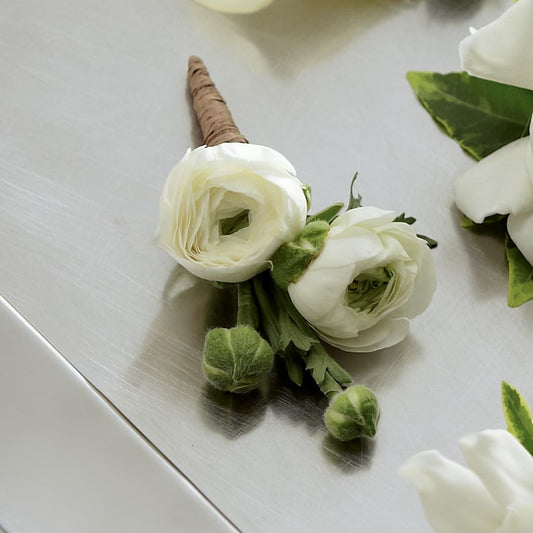 White Ranunculus Boutonniere –  Deeshay Custom Design, Goldsboro NC