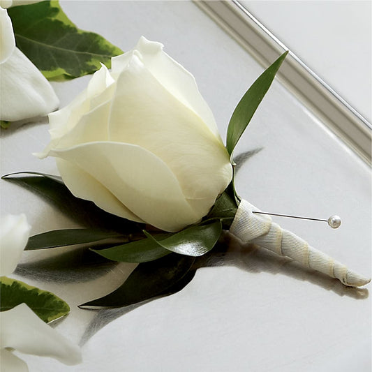 White Rose Boutonniere –  Deeshay Custom Design, Goldsboro NC